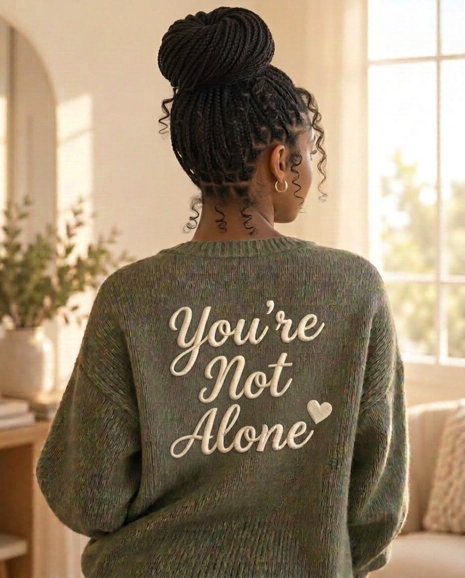 Seen from behind, a woman in a sage green sweater embroidered with the words: you're not alone.